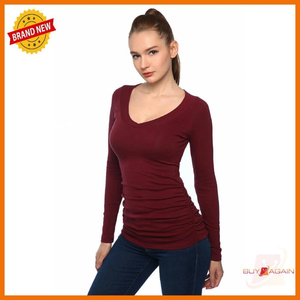 Slim Fit V-Neck Raglan Long Sleeve Ruched Top Cotton Spandex